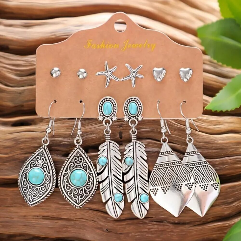 NEW 6 pair BOHO style earrings, western jewelry vintage jewelry feather earrings